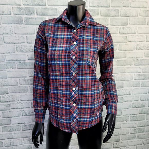 Vintage 70s 80s Shapely Size 6 Lightweight Plaid Button Front Long Sleeve Blouse - Picture 1 of 6